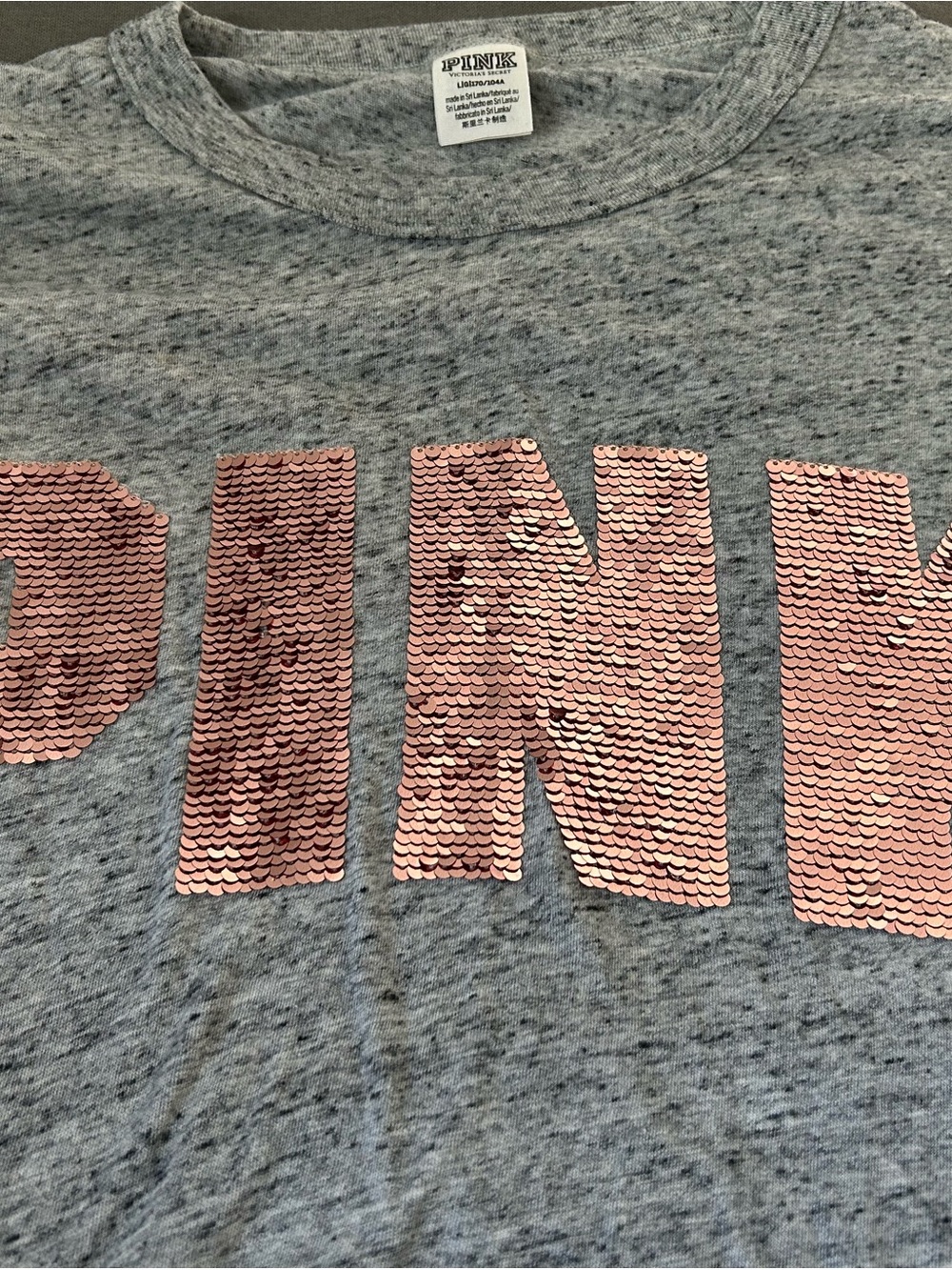 PINK Victoria's Secret Heather Gray Crewneck Tee Rose Gold Sequins